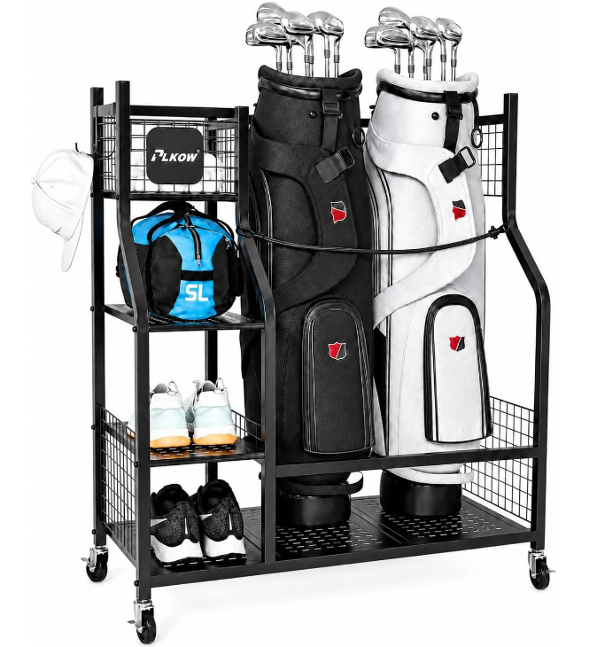Dual Golf Bag Rolling Organizer & Garage Equipment Stand